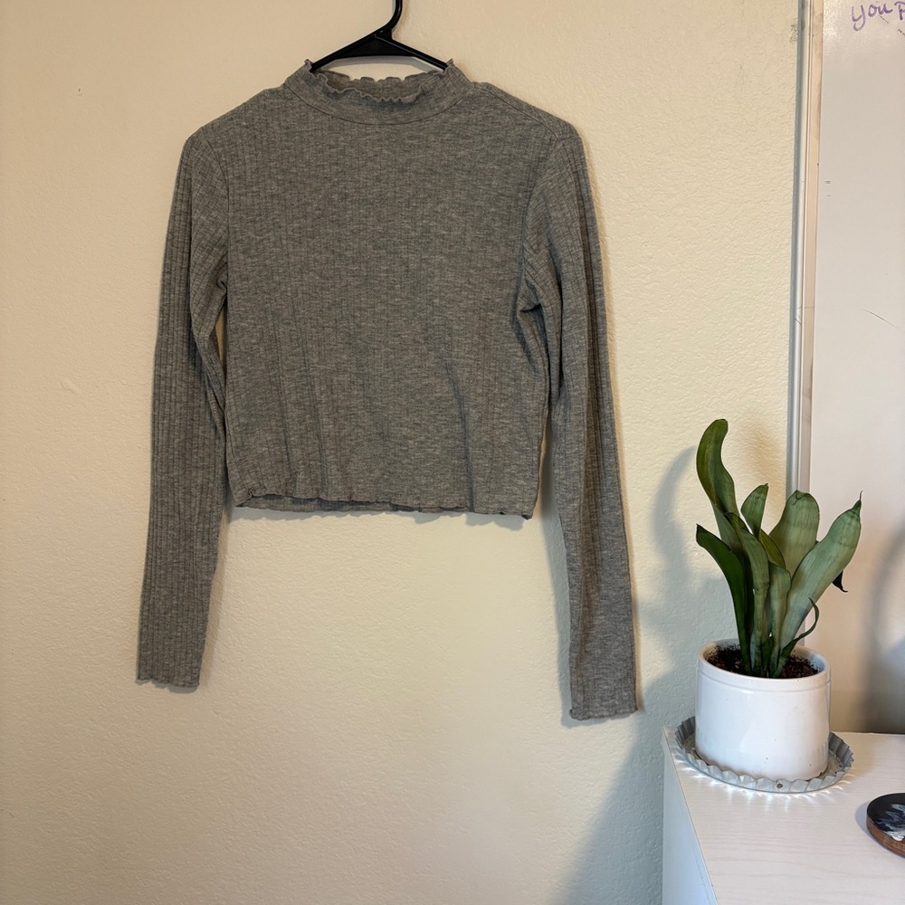 Gray Ribbed Cropped Long Sleeve Top